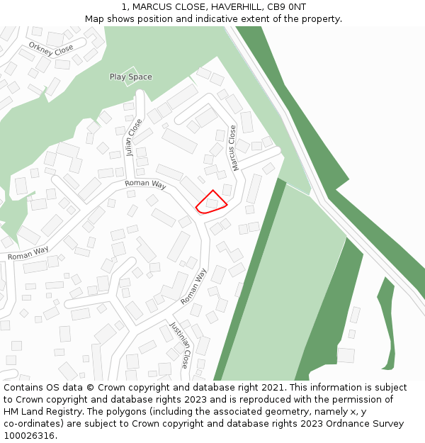 1, MARCUS CLOSE, HAVERHILL, CB9 0NT: Location map and indicative extent of plot