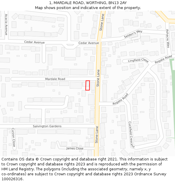 1, MARDALE ROAD, WORTHING, BN13 2AY: Location map and indicative extent of plot