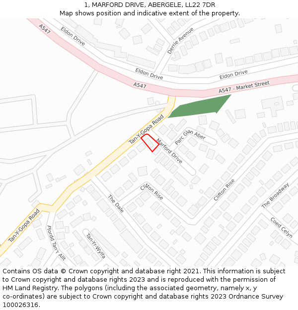 1, MARFORD DRIVE, ABERGELE, LL22 7DR: Location map and indicative extent of plot