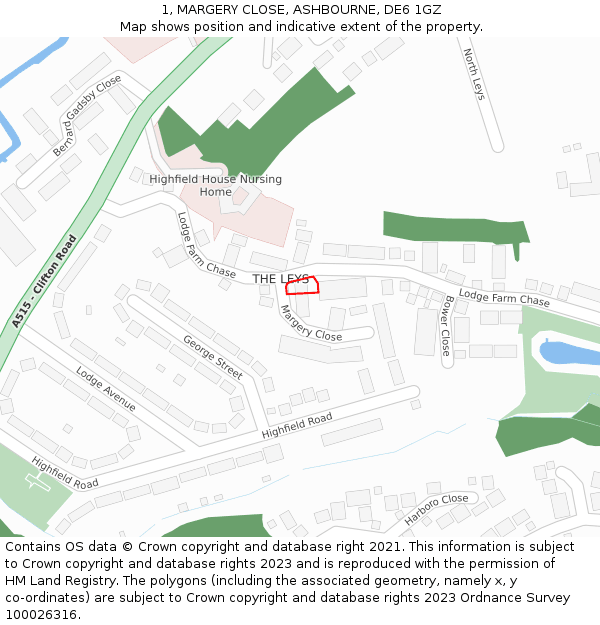 1, MARGERY CLOSE, ASHBOURNE, DE6 1GZ: Location map and indicative extent of plot