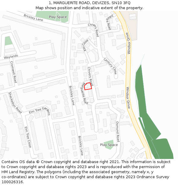 1, MARGUERITE ROAD, DEVIZES, SN10 3FQ: Location map and indicative extent of plot