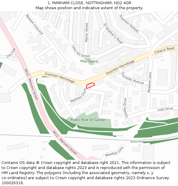 1, MARHAM CLOSE, NOTTINGHAM, NG2 4GR: Location map and indicative extent of plot