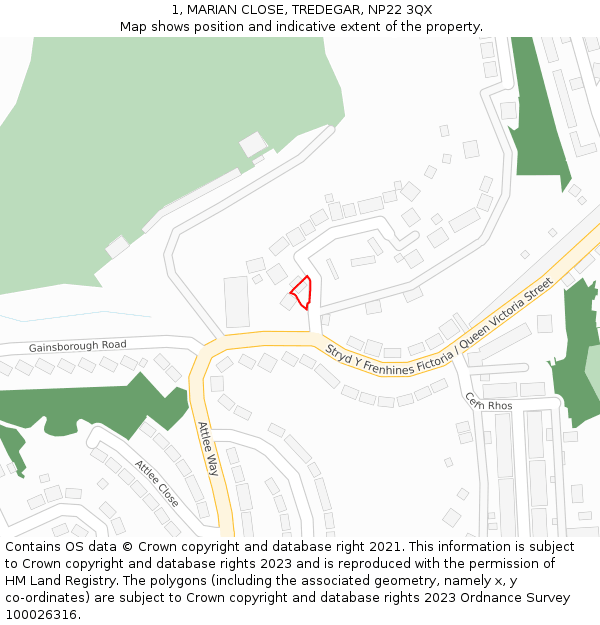 1, MARIAN CLOSE, TREDEGAR, NP22 3QX: Location map and indicative extent of plot