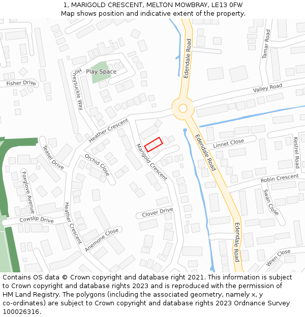 1, MARIGOLD CRESCENT, MELTON MOWBRAY, LE13 0FW: Location map and indicative extent of plot