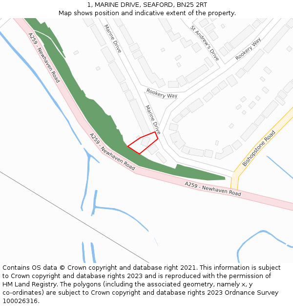 1, MARINE DRIVE, SEAFORD, BN25 2RT: Location map and indicative extent of plot