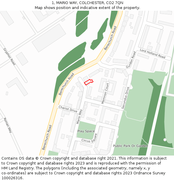 1, MARIO WAY, COLCHESTER, CO2 7QN: Location map and indicative extent of plot