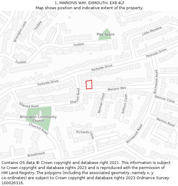 1, MARIONS WAY, EXMOUTH, EX8 4LF: Location map and indicative extent of plot