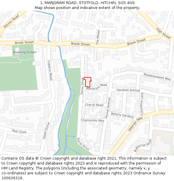 1, MARJORAM ROAD, STOTFOLD, HITCHIN, SG5 4NS: Location map and indicative extent of plot