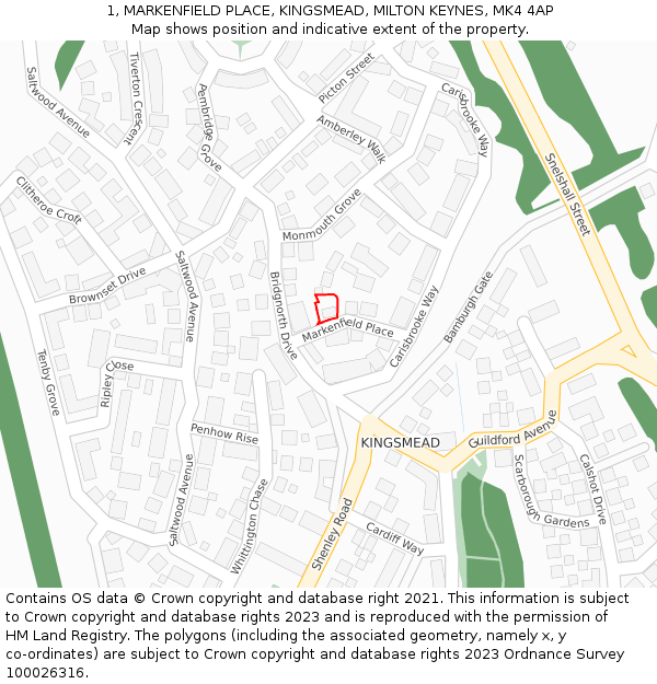 1, MARKENFIELD PLACE, KINGSMEAD, MILTON KEYNES, MK4 4AP: Location map and indicative extent of plot