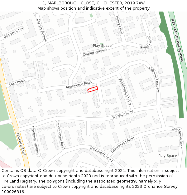 1, MARLBOROUGH CLOSE, CHICHESTER, PO19 7XW: Location map and indicative extent of plot