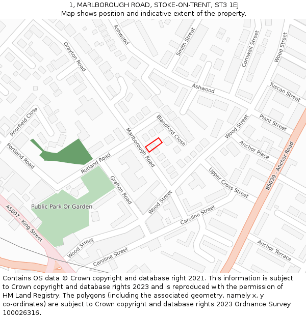 1, MARLBOROUGH ROAD, STOKE-ON-TRENT, ST3 1EJ: Location map and indicative extent of plot