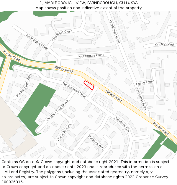 1, MARLBOROUGH VIEW, FARNBOROUGH, GU14 9YA: Location map and indicative extent of plot