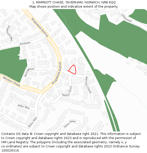 1, MARRIOTT CHASE, TAVERHAM, NORWICH, NR8 6QQ: Location map and indicative extent of plot
