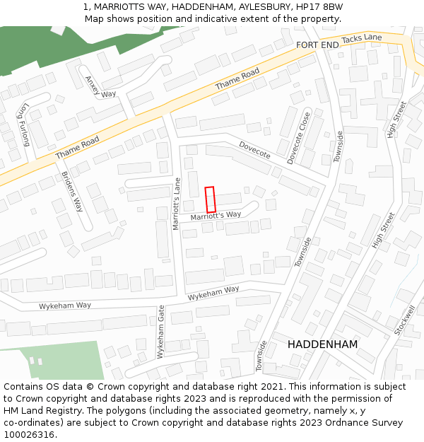 1, MARRIOTTS WAY, HADDENHAM, AYLESBURY, HP17 8BW: Location map and indicative extent of plot