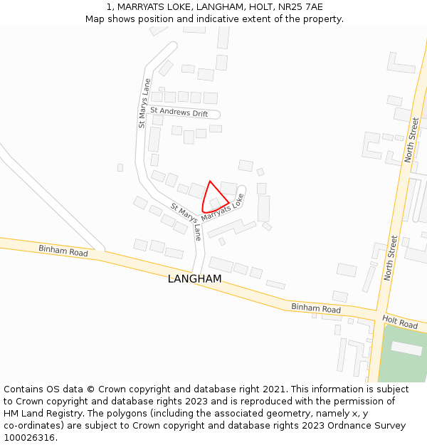 1, MARRYATS LOKE, LANGHAM, HOLT, NR25 7AE: Location map and indicative extent of plot