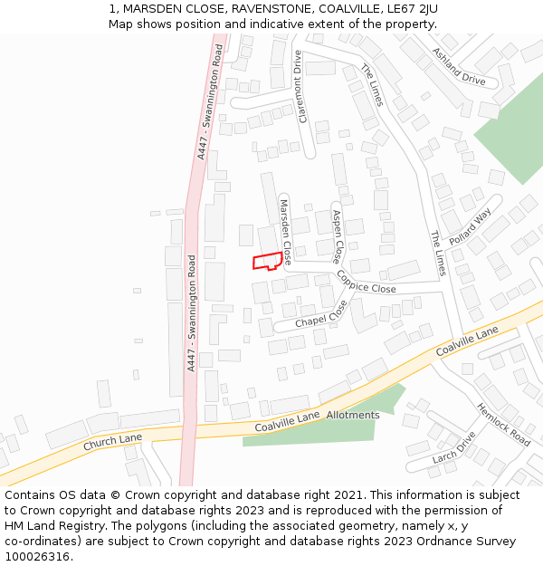 1, MARSDEN CLOSE, RAVENSTONE, COALVILLE, LE67 2JU: Location map and indicative extent of plot