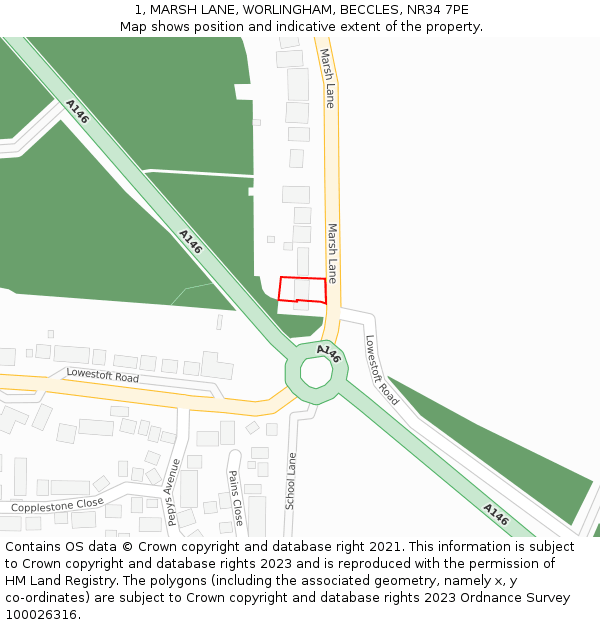 1, MARSH LANE, WORLINGHAM, BECCLES, NR34 7PE: Location map and indicative extent of plot