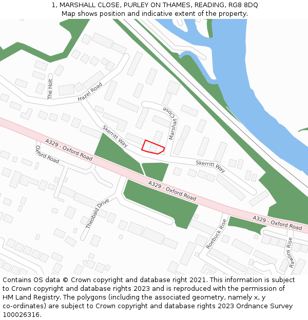 1, MARSHALL CLOSE, PURLEY ON THAMES, READING, RG8 8DQ: Location map and indicative extent of plot