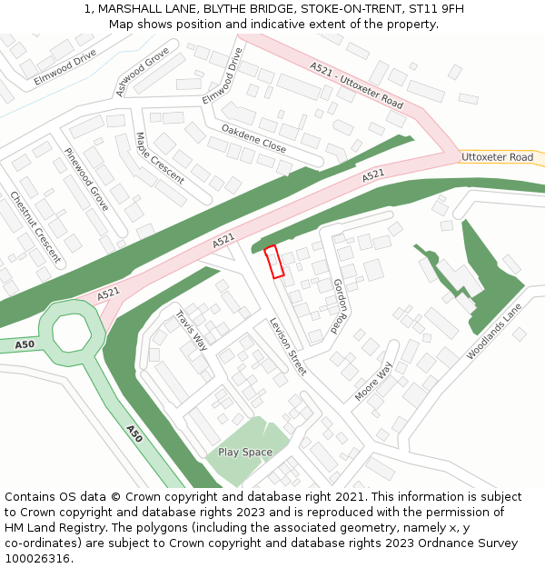 1, MARSHALL LANE, BLYTHE BRIDGE, STOKE-ON-TRENT, ST11 9FH: Location map and indicative extent of plot