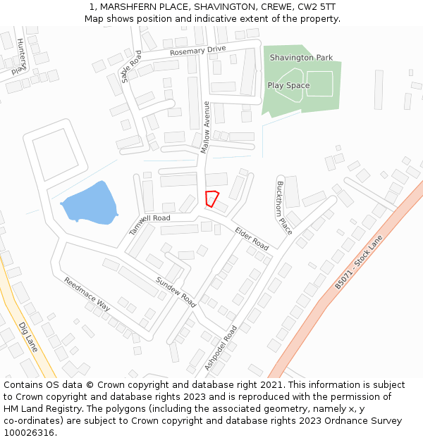 1, MARSHFERN PLACE, SHAVINGTON, CREWE, CW2 5TT: Location map and indicative extent of plot