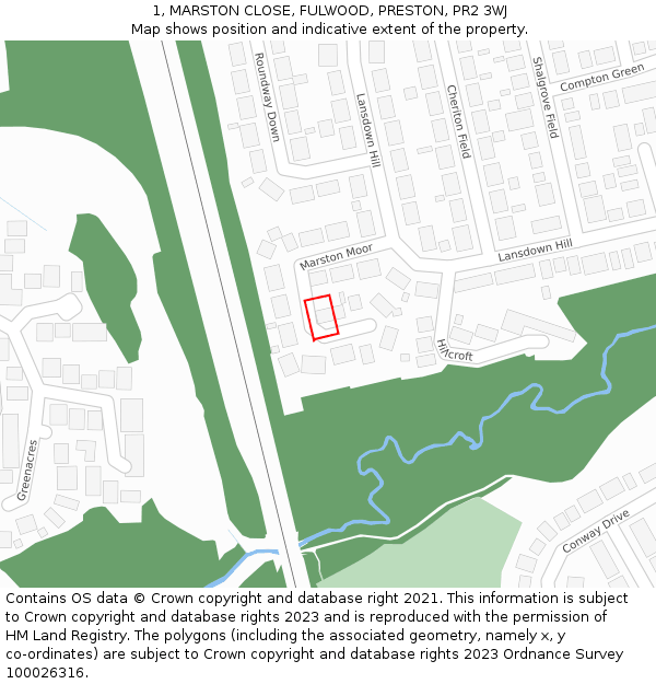 1, MARSTON CLOSE, FULWOOD, PRESTON, PR2 3WJ: Location map and indicative extent of plot