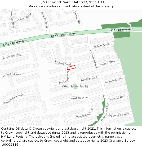 1, MARSWORTH WAY, STAFFORD, ST16 1UB: Location map and indicative extent of plot