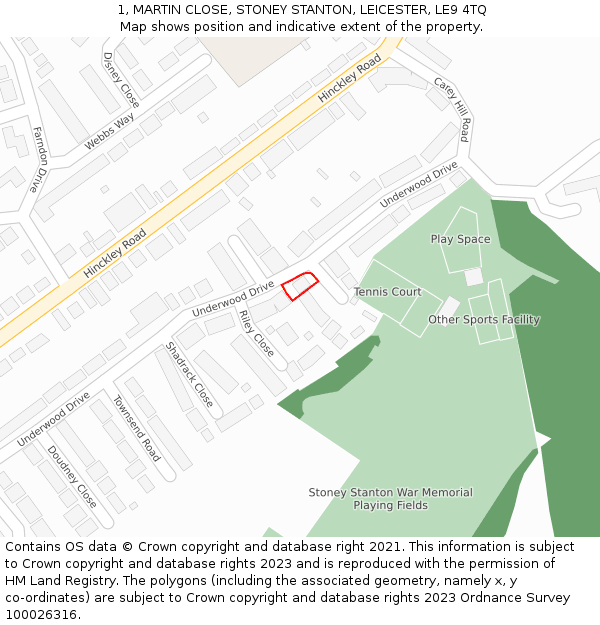1, MARTIN CLOSE, STONEY STANTON, LEICESTER, LE9 4TQ: Location map and indicative extent of plot