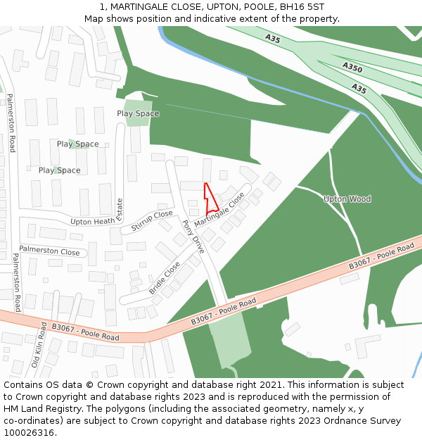 1, MARTINGALE CLOSE, UPTON, POOLE, BH16 5ST: Location map and indicative extent of plot