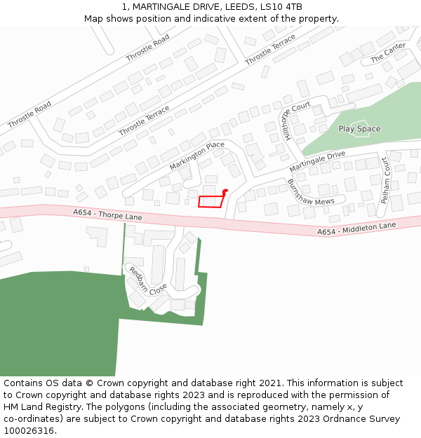 1, MARTINGALE DRIVE, LEEDS, LS10 4TB: Location map and indicative extent of plot