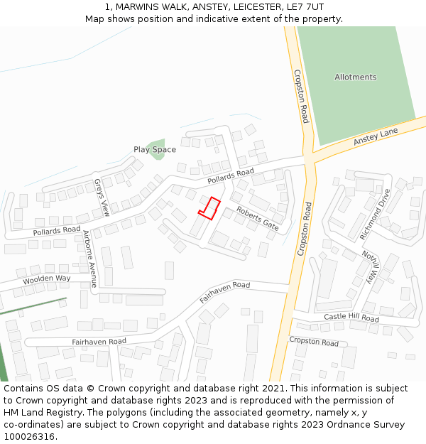 1, MARWINS WALK, ANSTEY, LEICESTER, LE7 7UT: Location map and indicative extent of plot