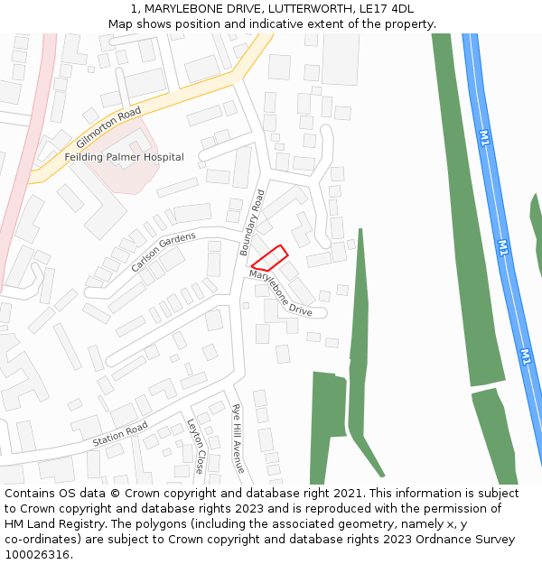 1, MARYLEBONE DRIVE, LUTTERWORTH, LE17 4DL: Location map and indicative extent of plot