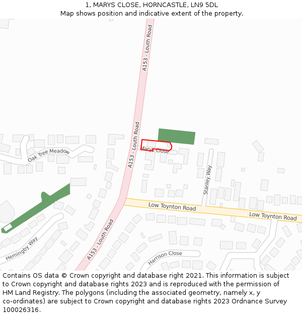 1, MARYS CLOSE, HORNCASTLE, LN9 5DL: Location map and indicative extent of plot