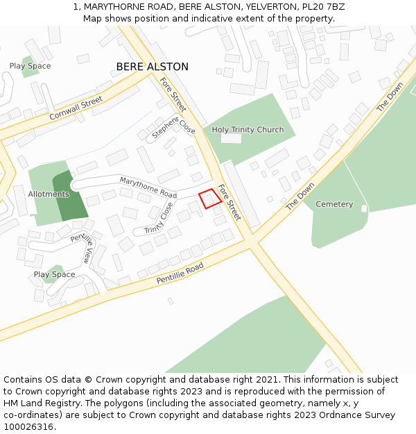 1, MARYTHORNE ROAD, BERE ALSTON, YELVERTON, PL20 7BZ: Location map and indicative extent of plot