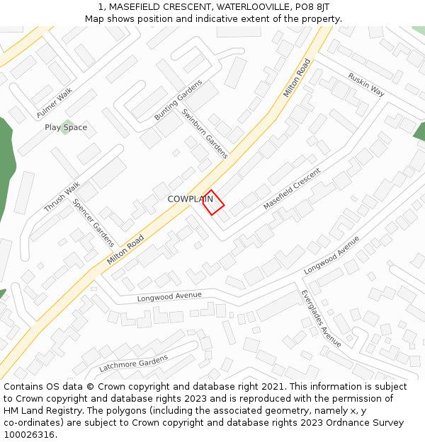 1, MASEFIELD CRESCENT, WATERLOOVILLE, PO8 8JT: Location map and indicative extent of plot