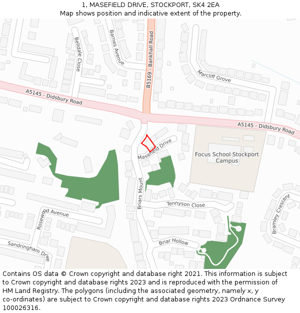 1, MASEFIELD DRIVE, STOCKPORT, SK4 2EA: Location map and indicative extent of plot