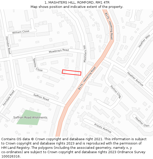 1, MASHITERS HILL, ROMFORD, RM1 4TR: Location map and indicative extent of plot