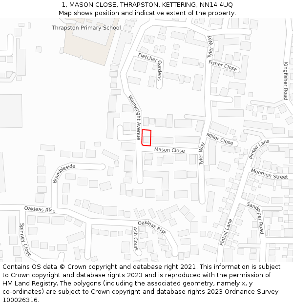 1, MASON CLOSE, THRAPSTON, KETTERING, NN14 4UQ: Location map and indicative extent of plot