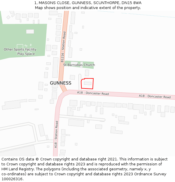 1, MASONS CLOSE, GUNNESS, SCUNTHORPE, DN15 8WA: Location map and indicative extent of plot