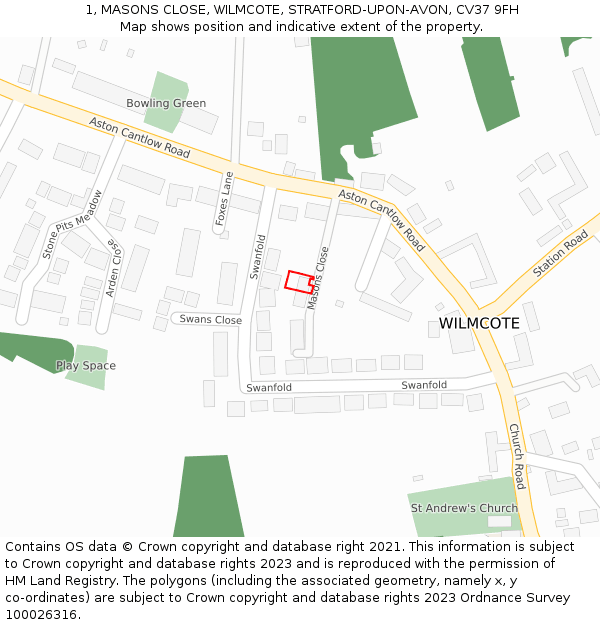 1, MASONS CLOSE, WILMCOTE, STRATFORD-UPON-AVON, CV37 9FH: Location map and indicative extent of plot