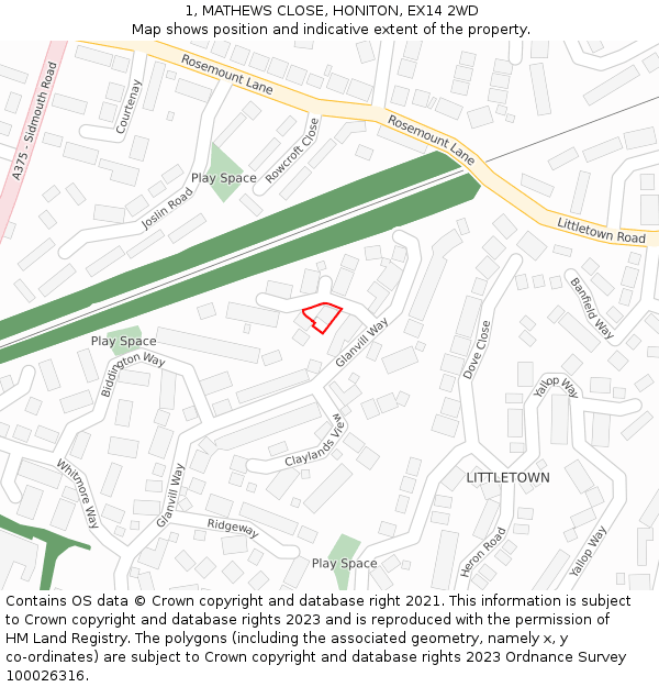 1, MATHEWS CLOSE, HONITON, EX14 2WD: Location map and indicative extent of plot