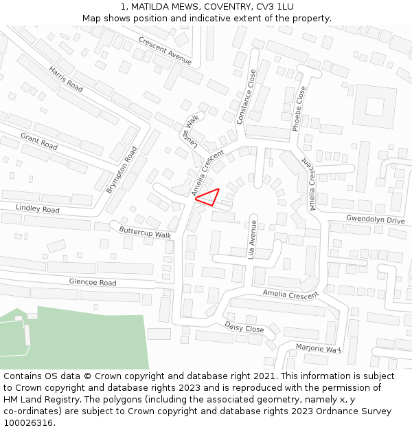 1, MATILDA MEWS, COVENTRY, CV3 1LU: Location map and indicative extent of plot