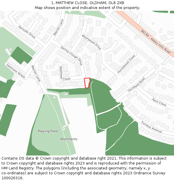 1, MATTHEW CLOSE, OLDHAM, OL8 2XB: Location map and indicative extent of plot