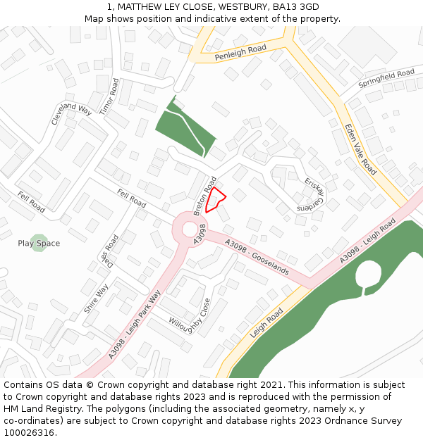 1, MATTHEW LEY CLOSE, WESTBURY, BA13 3GD: Location map and indicative extent of plot