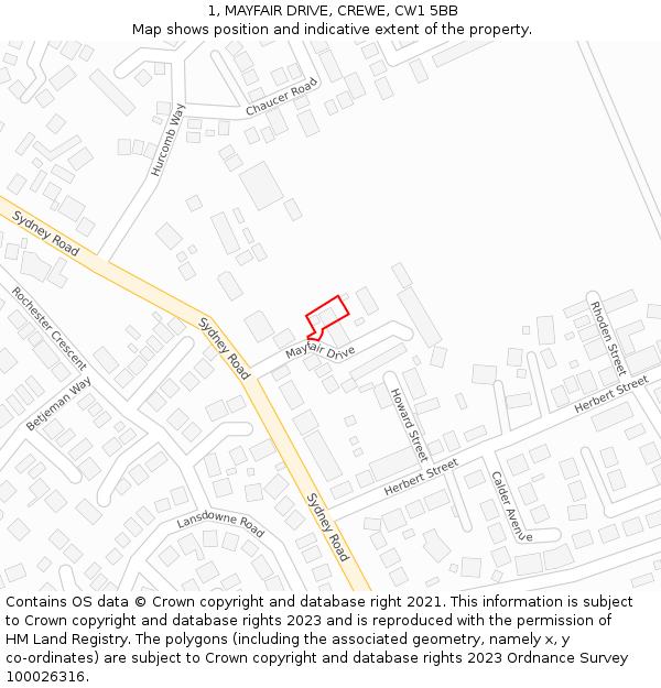 1, MAYFAIR DRIVE, CREWE, CW1 5BB: Location map and indicative extent of plot