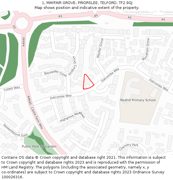1, MAYFAIR GROVE, PRIORSLEE, TELFORD, TF2 9GJ: Location map and indicative extent of plot