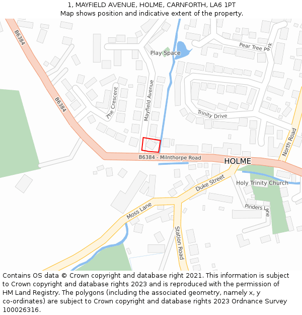 1, MAYFIELD AVENUE, HOLME, CARNFORTH, LA6 1PT: Location map and indicative extent of plot