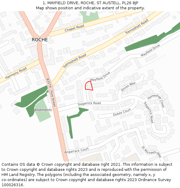 1, MAYFIELD DRIVE, ROCHE, ST AUSTELL, PL26 8JP: Location map and indicative extent of plot