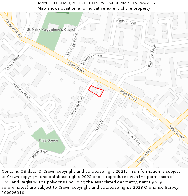 1, MAYFIELD ROAD, ALBRIGHTON, WOLVERHAMPTON, WV7 3JY: Location map and indicative extent of plot