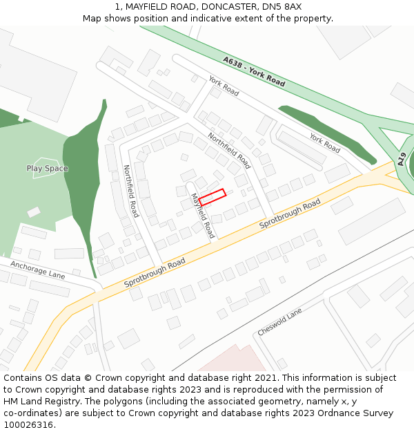 1, MAYFIELD ROAD, DONCASTER, DN5 8AX: Location map and indicative extent of plot