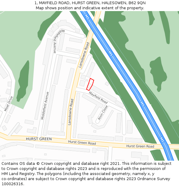 1, MAYFIELD ROAD, HURST GREEN, HALESOWEN, B62 9QN: Location map and indicative extent of plot